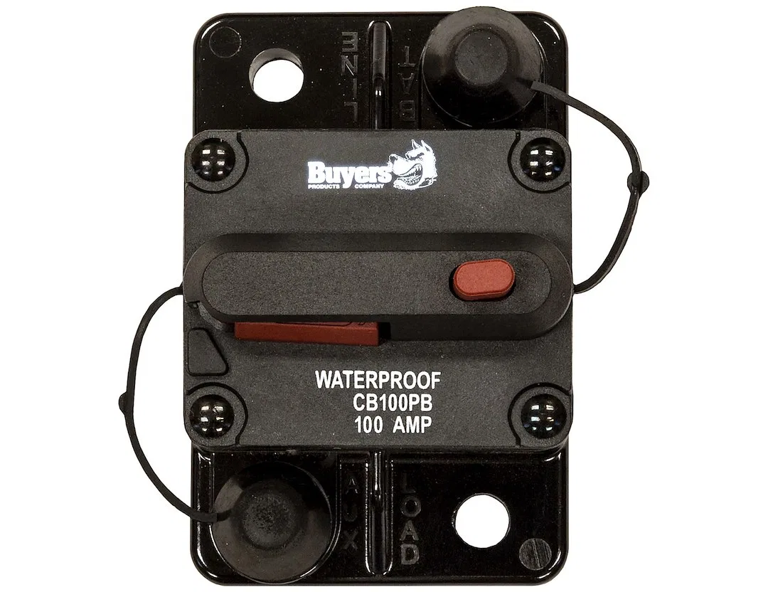 CB100PB – BUYERS PROD Circuit Breaker, 100 Amp Plastic Waterproof Black 42 Volts Max Brass Studs Manual Push-To-Trip ...